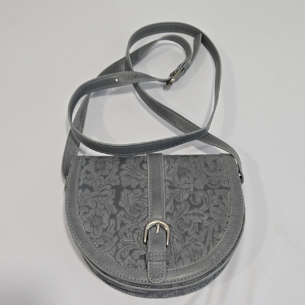 Buckle Gray Floral Embossed Crossbody Bag